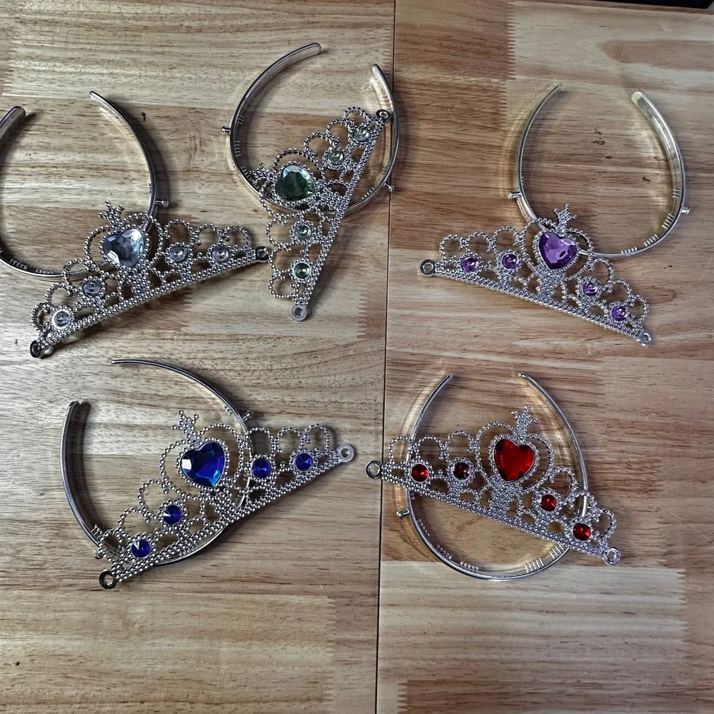 Kids Princess Tiara Headband Set 5 Pack Heart Gemstone Silver Costume Crowns